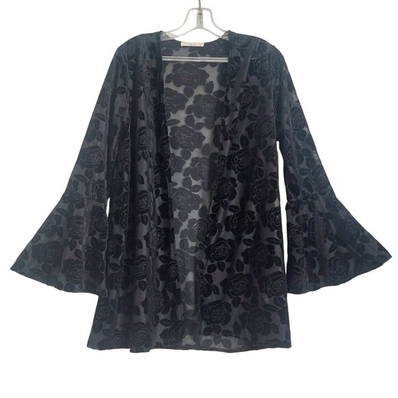 Le Lis Tops - Black Velvet Burnout Floral Kimono Small Sheer Bell Sleeves Goth Romantic New